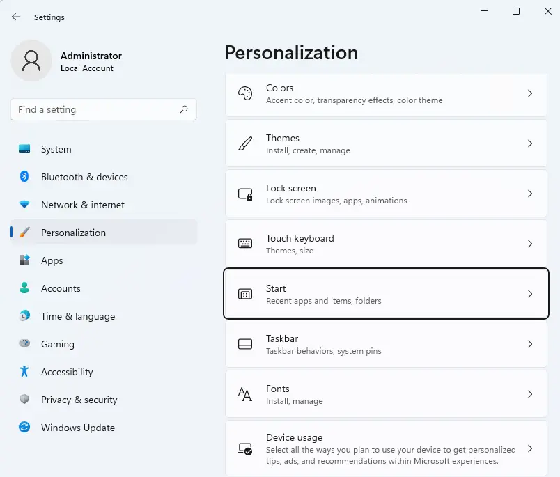 Windows settings personalization