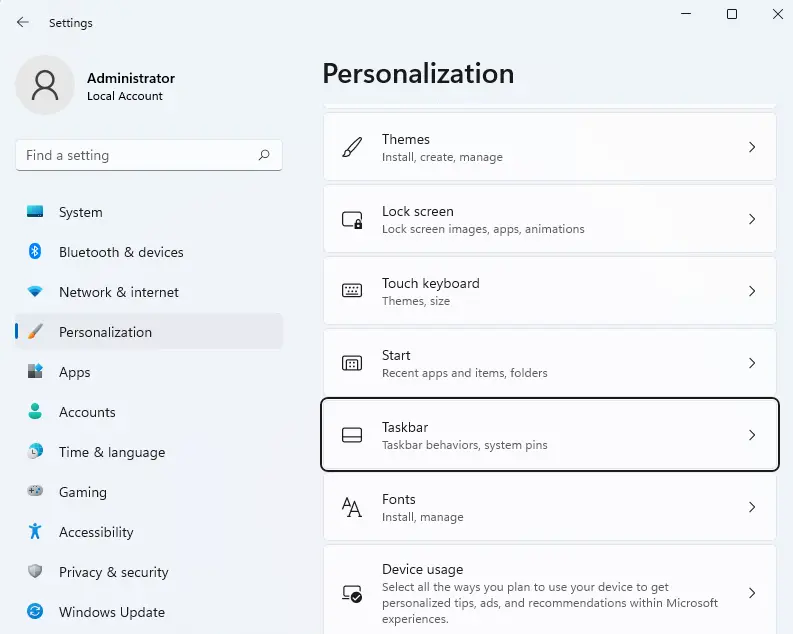 Windows settings personalization