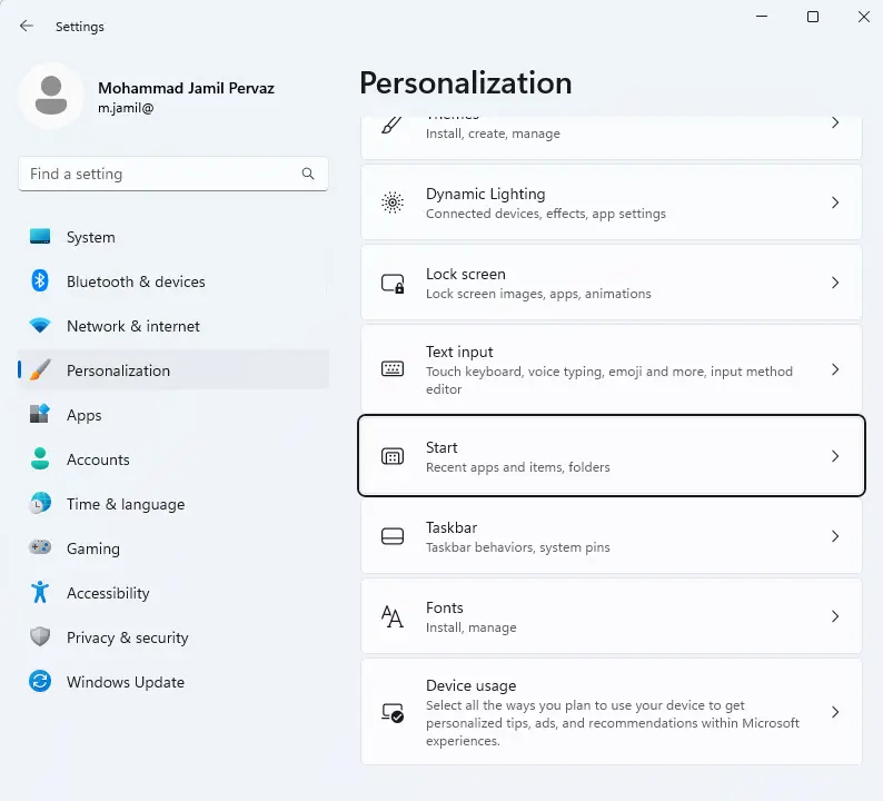 Windows settings personalization