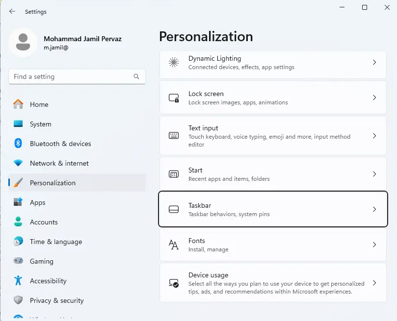Windows settings personalization