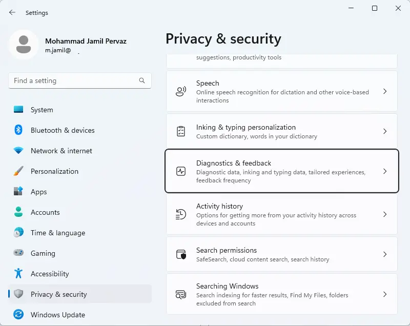 Windows settings privacy & security