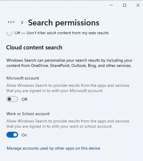 Windows settings search permissions