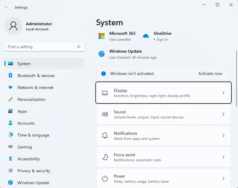 Windows settings system