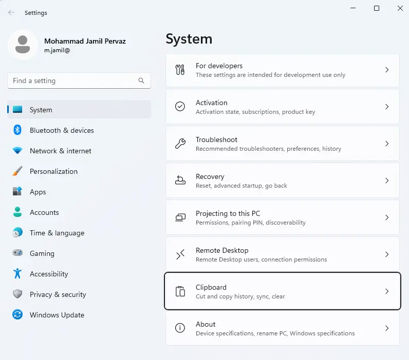 Windows settings system