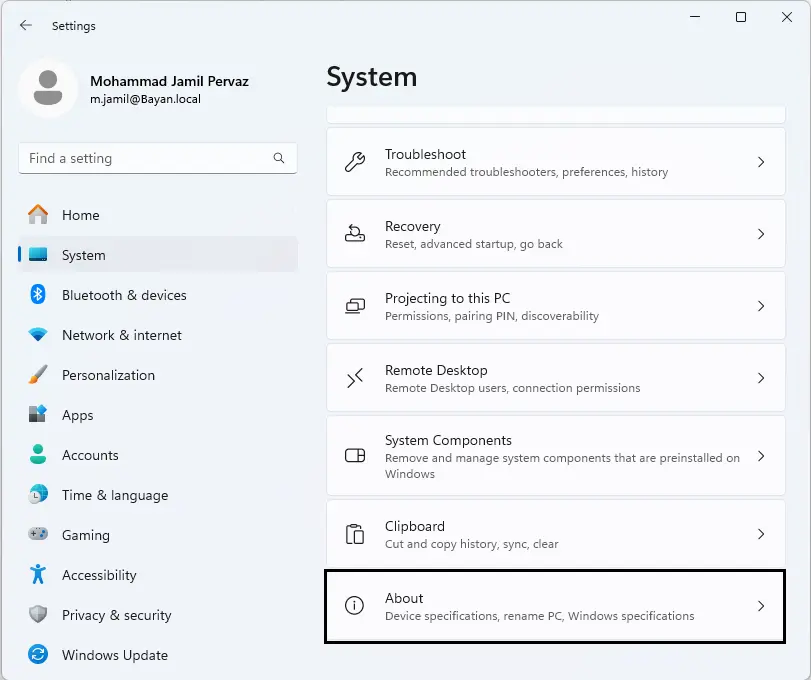 Windows settings system