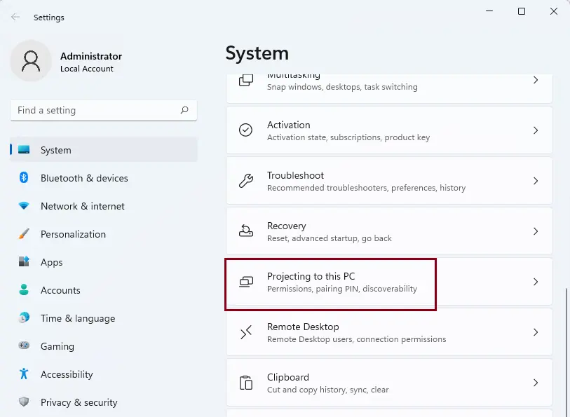 Windows settings system