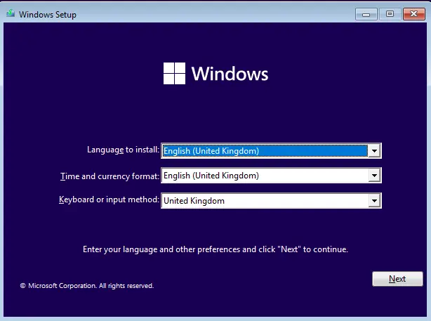 Windows setup language to install