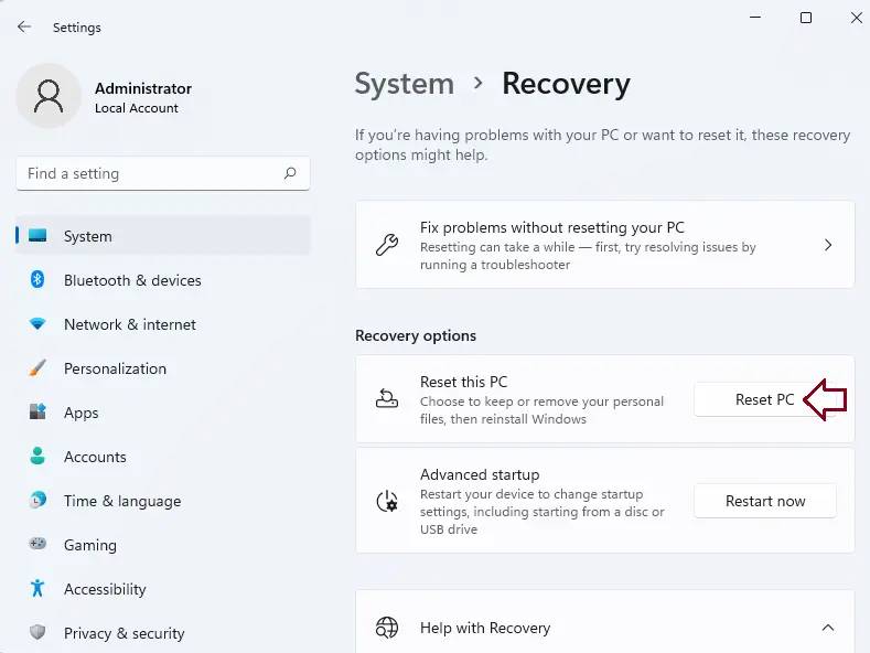 Windows system recovery reset pc