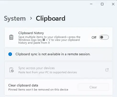 Windows system settings clipboard