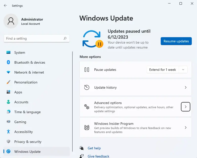 Windows update advanced options