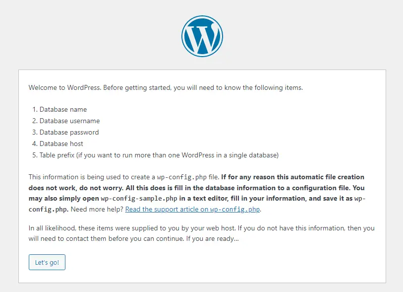 WordPress setup configuration