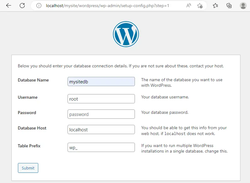 WordPress setup configuration