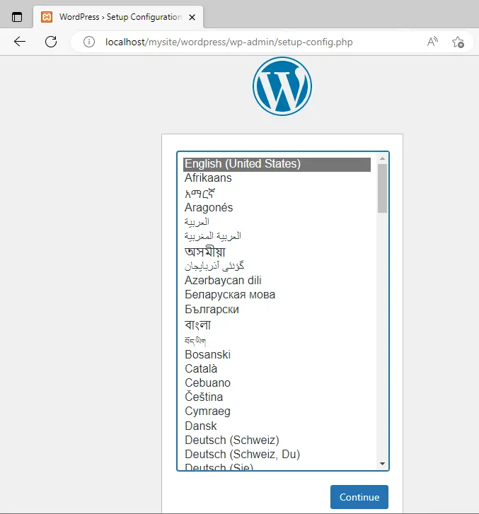WordPress setup wp-admin