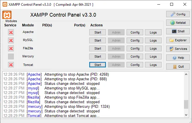 XAMPP Apache control panel