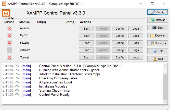 XAMPP control panel