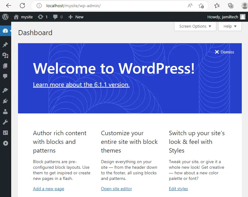 XAMPP server WordPress dashboard