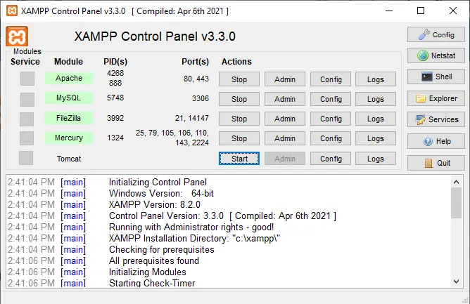 XAMPP server control panel