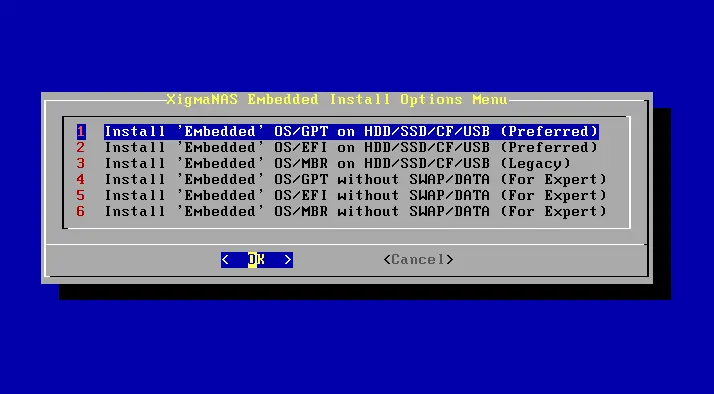 XigmaNAS embedded install options menu
