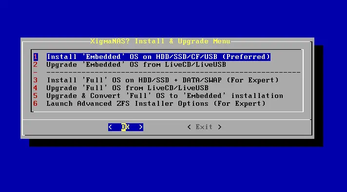 XigmaNAS install & upgrade menu
