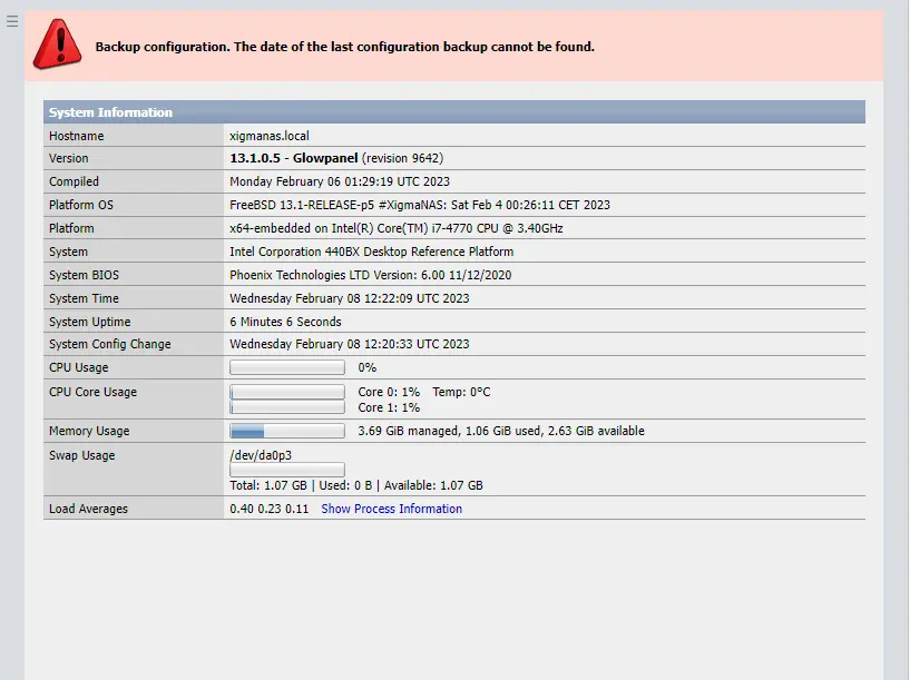 XigmaNAS system information