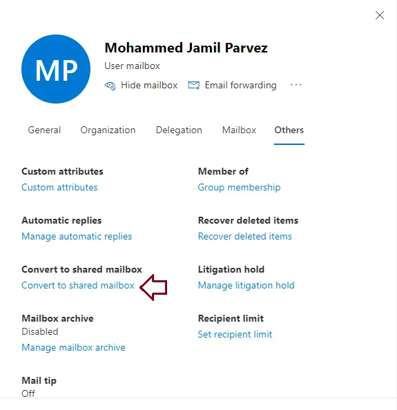 convert Microsoft 365 user mailbox to shared