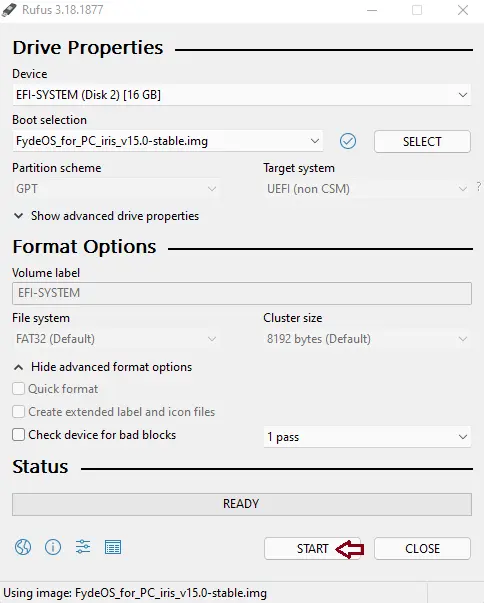 create bootable USB fydeos rufus