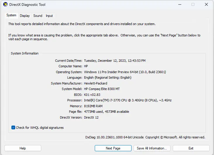 dicectX diagnostic tool system specifications