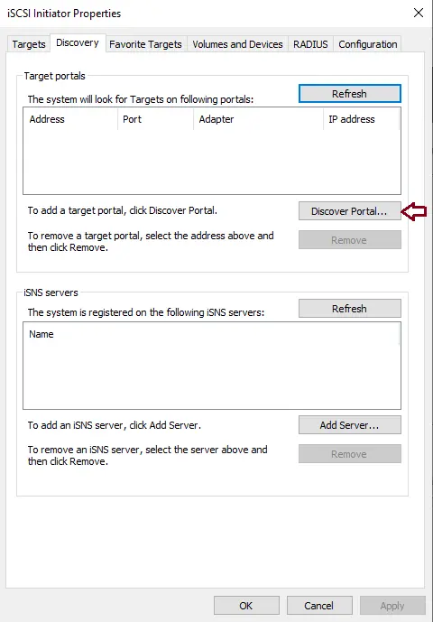 iSCSI initiator properties discovery