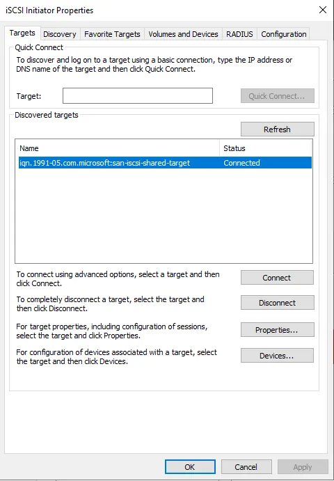 iSCSI initiator properties target