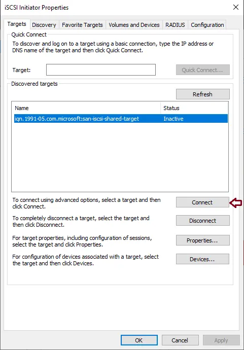 iSCSI initiator properties targets