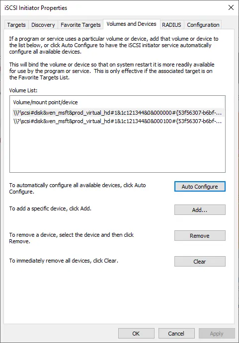 iSCSI initiator properties volumes and devices