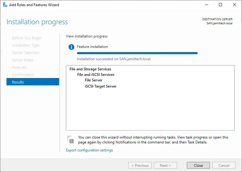 iSCSI target server installation progress