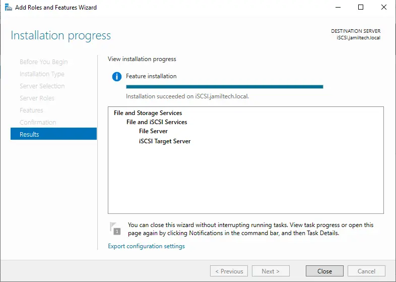 iSCSI target server installation progress