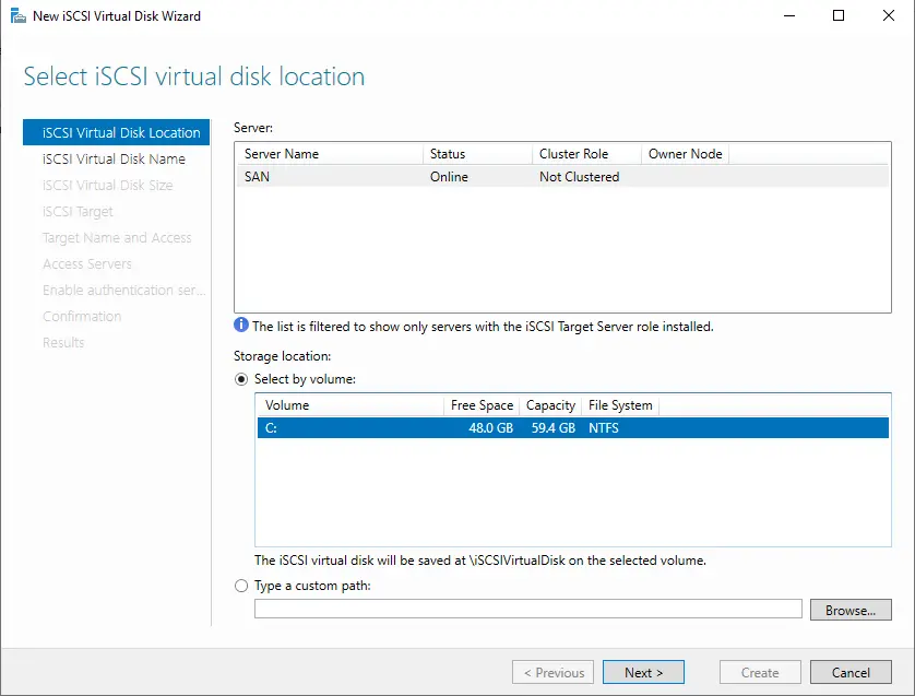 iSCSI virtual disk location