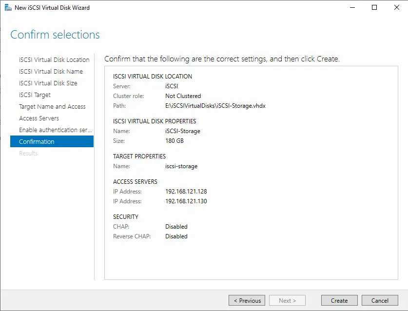 iSCSI virtual disks confirmation