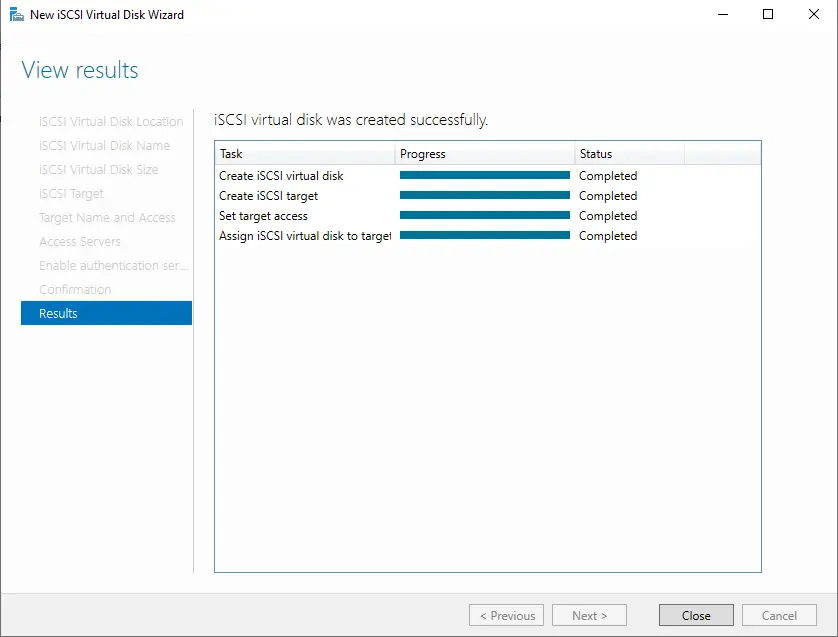 iSCSI virtual disks successfully created