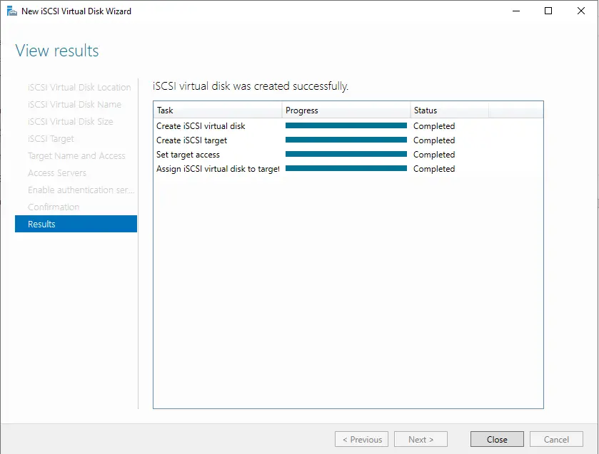 iSCSI virtual disks successfully created