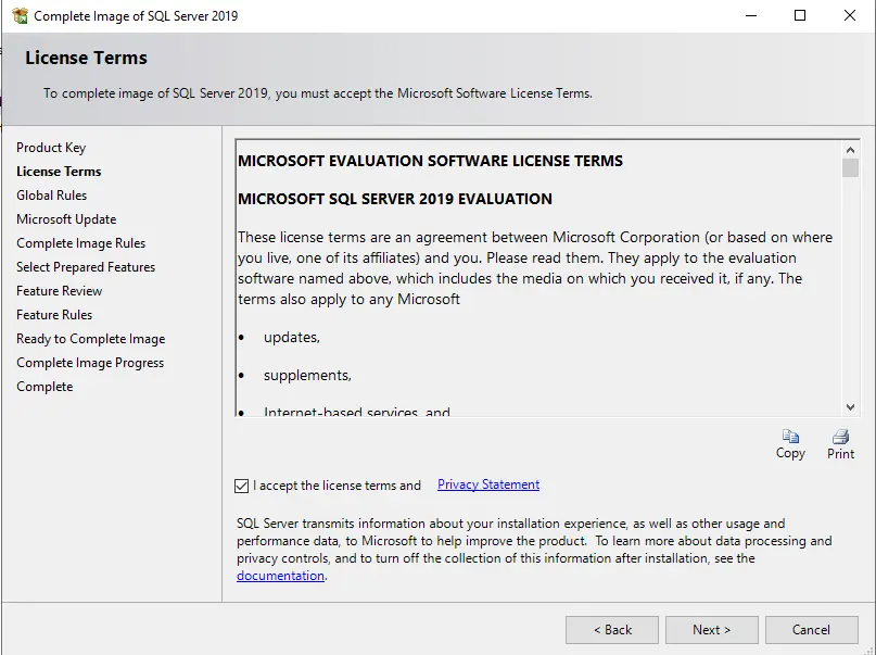 install SQL license terms