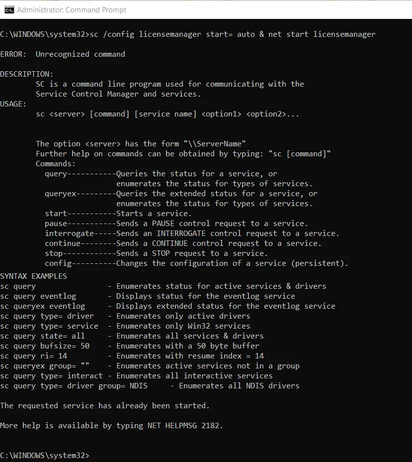 net start licensemanager command