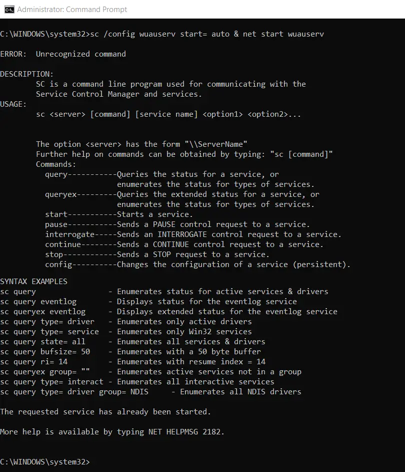 net start wuauserv command
