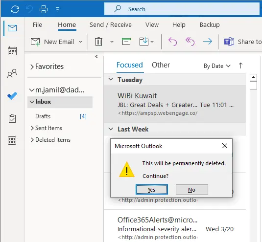 permanently delete messages in outlook
