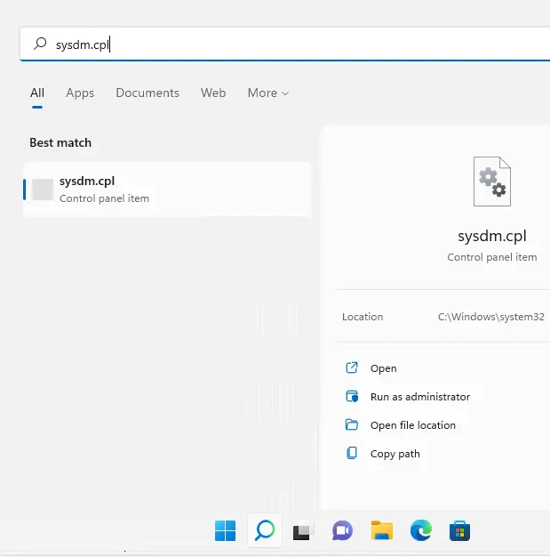 sysdm.cpl Windows search bar