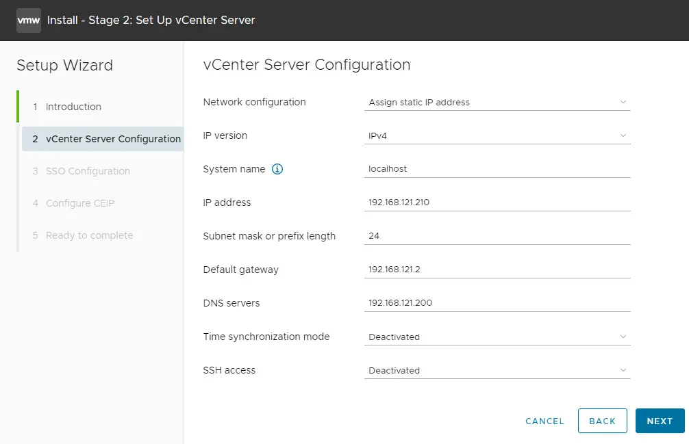 vCenter Appliance configuration