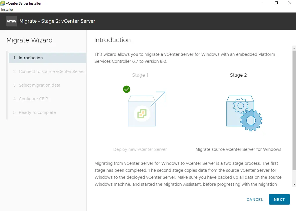 vCenter Migrate wizard introduction