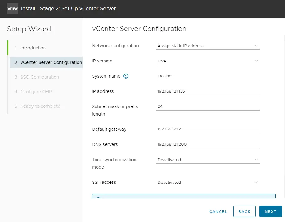 vCenter Server configuration setup