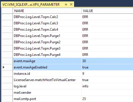 vCenter database dbo.vpx_parameter