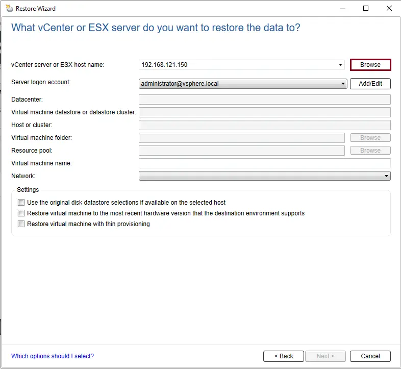 vCenter or ESX server veritas