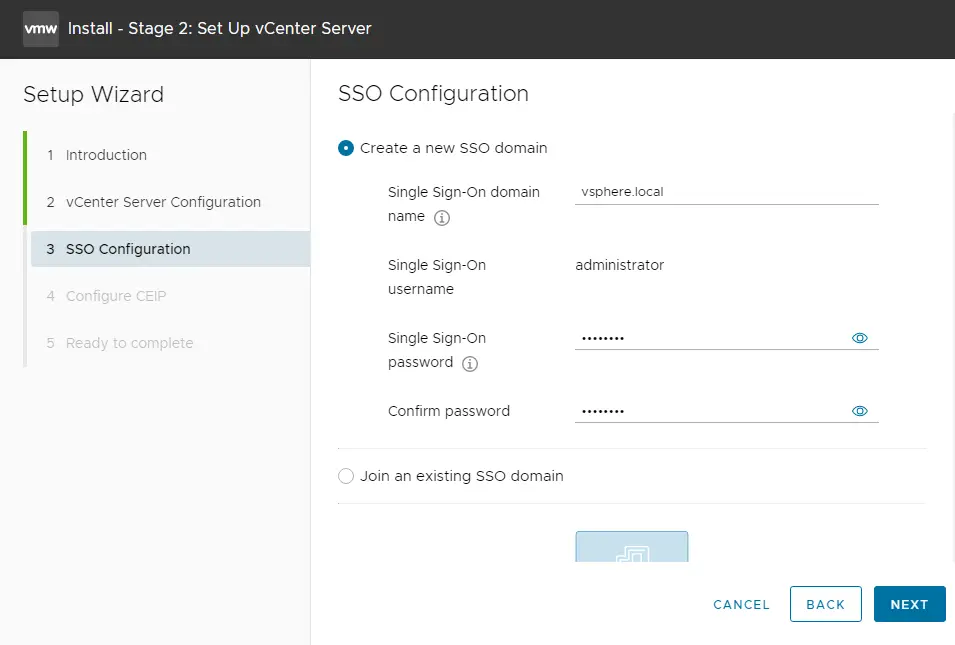 vCenter server SSO configuration