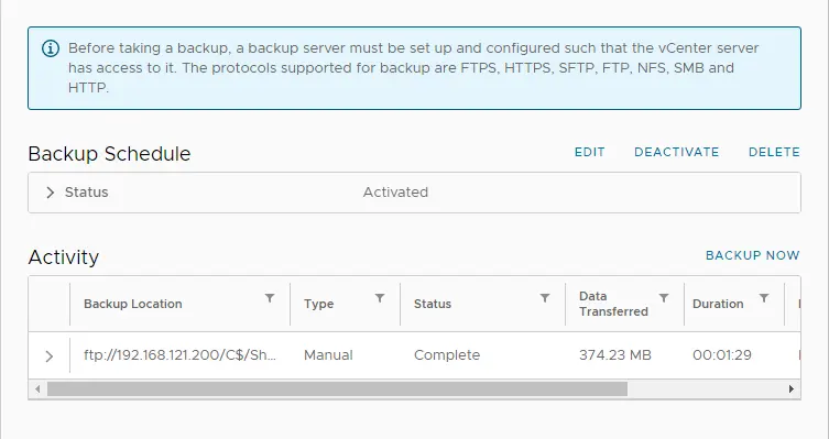 vCenter server appliance backup schedule