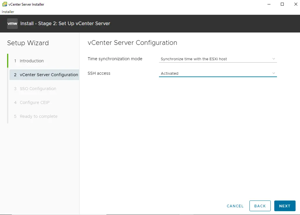 vCenter server configuration time SSH